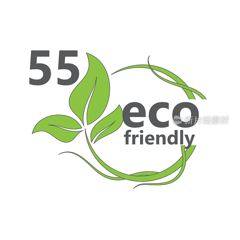 55%环保邮票图标矢量插图绿色有机植物叶子。环保的绿叶标签贴纸。2 d矢量插图。